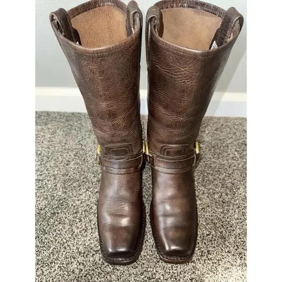 $498 EXCELLENT! Frye Harness 12R Boots Size 8 Brown Moto Leather Women’s Brown - Picture 4 of 9